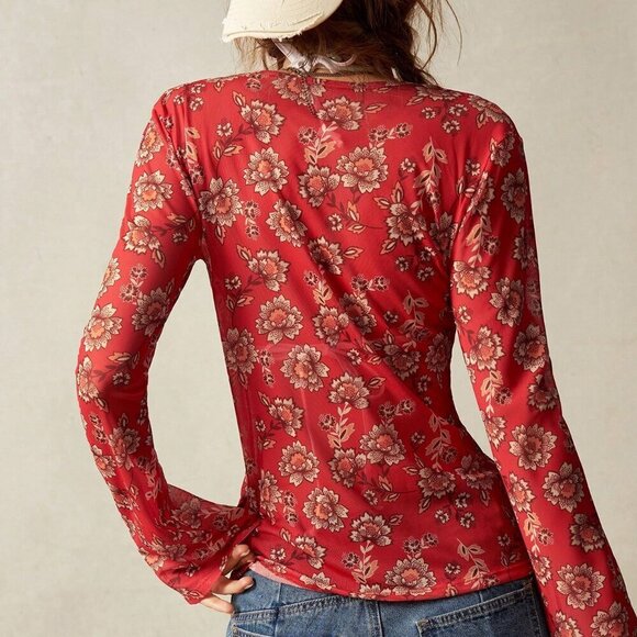 Red Casual Women's Boho Lace V-Neck Flared Sleeve Blouse - Picture 3 of 8